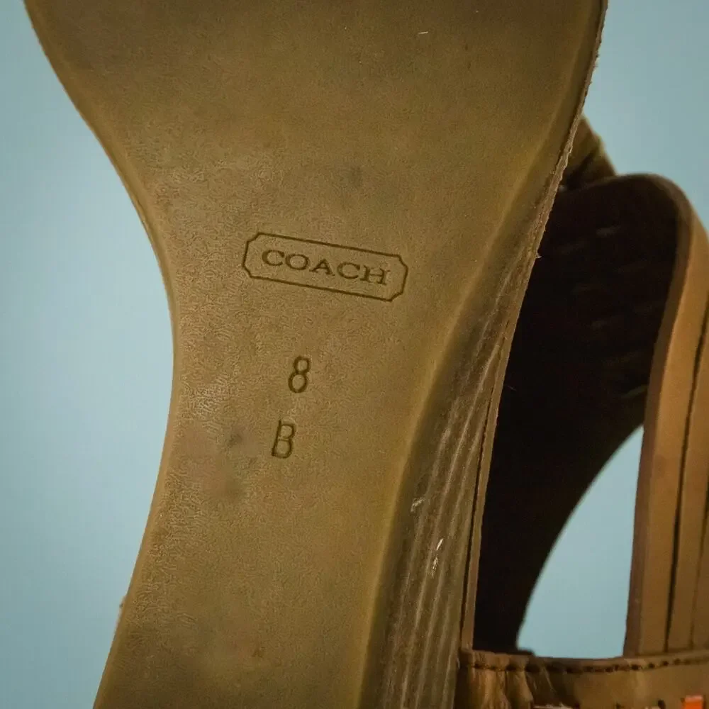 Coach Size 8 Brown Tan Leather Orange Ankle Strap Buckle Thong Flip Flop Sandals